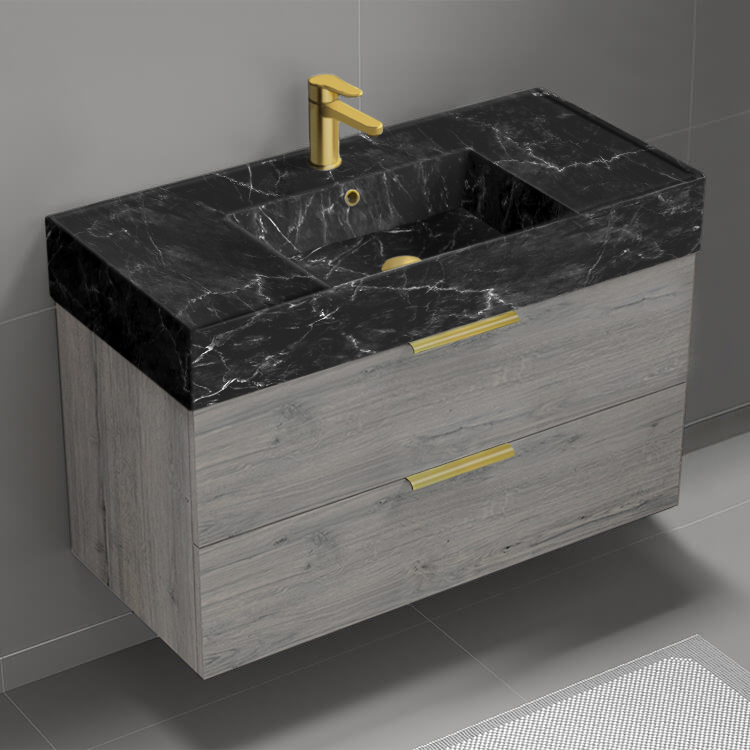 Nameeks DERIN922 40 Inch Bathroom Vanity With Black Marble Design Sink, Wall Mounted, Grey Oak